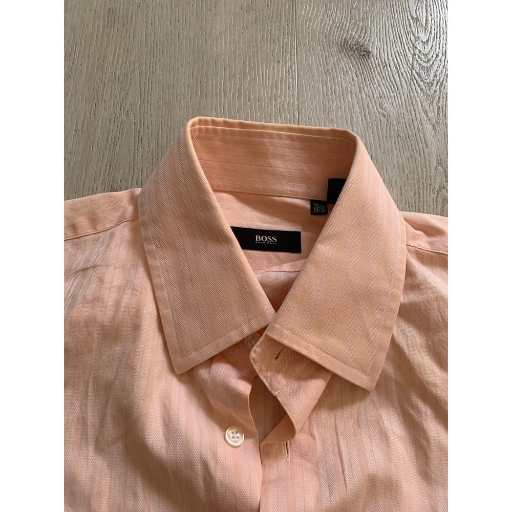 Hugo Boss Mens Peach Orange Dobby Stripe Dress Shirt 15.5‎ 34/35 Long Sleeve